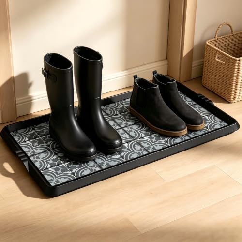 BEHERO Boot Tray Shoe Mat Decorative Patterned, Rubber Boot Matt Tray Indoor and Outdoor Use, 16" x27.5" Shoe Cleaning Mat Non-Slip, Shoe Storage Waterproof with Artistic Prints for Entryway(Gray) by BEHEROSUPERMAT