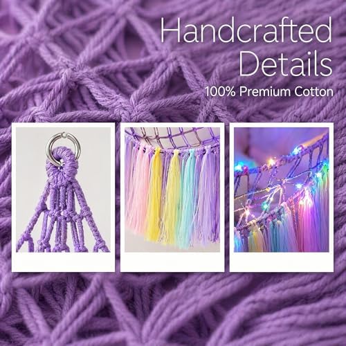 THIDARGO Stuffed Animal Hammock Storage Net with LED Lights, Colorful Tassels, 59in, for Kids Bedroom Nursery Playroom, Includes 3 Hooks (not including battery) (Purple) - Image 6