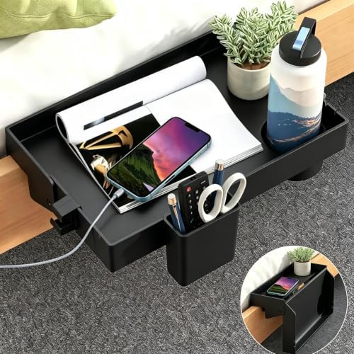 COLMO Folding Bedside Shelf with Cupholder, Clip-On Bedside Table, Black by COLMO