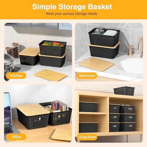 6 Pack Plastic Storage Baskets, Black bamboo lid storage Box - Image 4