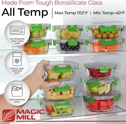 Magic Mill Premium Borosilicate Glass Food Storage Containers with lids Set | 24pc Sets with 12 Bowls & 12 Airtight Locking Lids for Lunch & Meal Prep, Safe for Oven, Freezer, Dishwasher, BPA-Free - Image 3