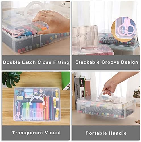BTSKY 2-Tier Cute Bear Storage Box with Removable Divided Tray Portable Clear Plastic Art Craft Supply Organizer Stackable Home Office Supplies Storage Container for Pens Notes A4 papers etc (Clear) - Image 4