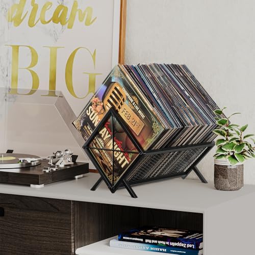 YINMIT Vinyl Record Storage Holder - 80-100 LP Vinyl Organizer, Metal Record Display Rack, Quick Assembly Album Storage for Books, Black - Image 2