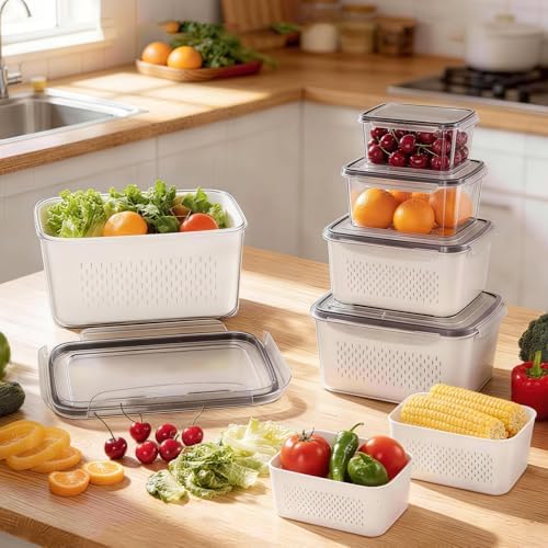 HOMETALL 8 Pack Fruit Storage Containers for Fridge, Produce Containers for Fridge with Colander, Leakproof Fridge Organizers and Storage for Berry Vegetable Salad Lettuce Meat Food - Image 4