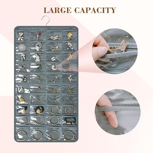 Hanging Jewelry Organizer for Closet Wall Door Double-Sided Jewelry Holder for Earrings, Necklaces, Rings 1 Pcs (Grey) - Image 3