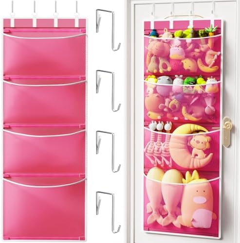Criusia Over the Door Hanging Organizer, Extra-Large Door Storage Organizer with 4 Deep Mesh Pockets, Space-Saving Hanging Storage for Bedroom & Home Organization, Pink by Criusia