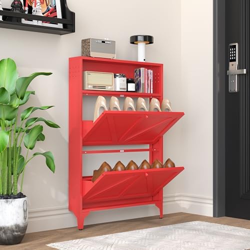 Shoe Cabinet with 2 Flip Drawers, Narrow Shoe Storage Cabinet, Farmhouse Shoe Organizer, Freestanding Organizer with Metal Legs for Entryway, Foyer (Red, 2 Door) - Image 6