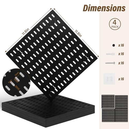 AKTOP Modular Plastic Peg Board Wall Organizer, 4 Pack, 12"x12", Black - Image 3