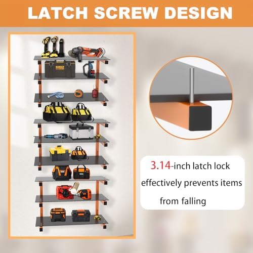 6 Pack Wall-Mounted Lumber Rack, Heavy Duty Wood Storage Racks, 9-Level System Garage Shelving, 1980 LBS Capacity Hanging Organizer Shelves, Orange Brackets Utility Metal Shelf for Indoor and Outdoor - Image 3
