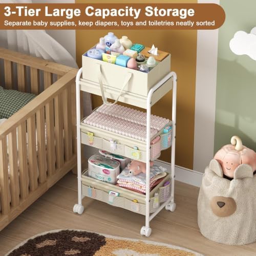 Cidaziya 2 in 1 Baby Diaper Organizer with Diaper Caddy Basket,Nursery Organizers and Storage Cart for Baby Essentials with Side Pockets, Rolling Postpartum Cart for Nursery, Baby registry - Image 2