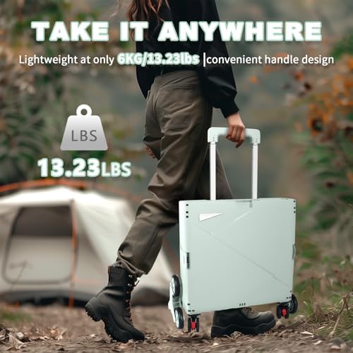 76L Folding Utility Cart Portable Rolling Crate Handcart Shopping Collapsible Tool Box with Stair Climbing Wheels,Hidden Lid,2 Rotate Wheels,for Grocery,Shopping,Office,Storage(Green White) - Image 6