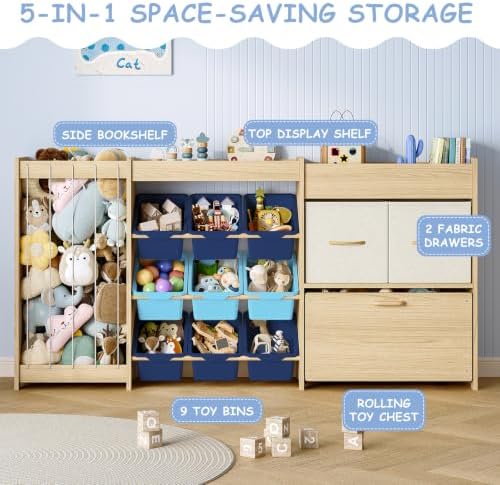 EXPERLAM 5-in-1 Toy Organizer, Plush Holder, 9 Blue Bins, Toy Chest - Image 3