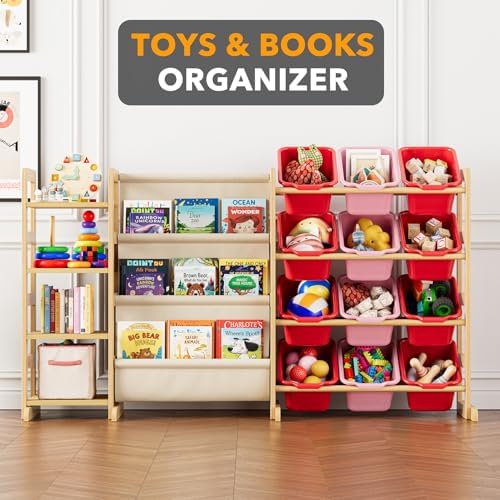 SpaceAid 3-in-1 Toy Storage Organizer with 4 Shelves and 12 Bins, Toy Organizers Storage 3-Tier Bookshelf, Kids Bin Shelf Box Bookcase for Bedroom Playroom Organization Room Decor, Red and Pink - Image 4