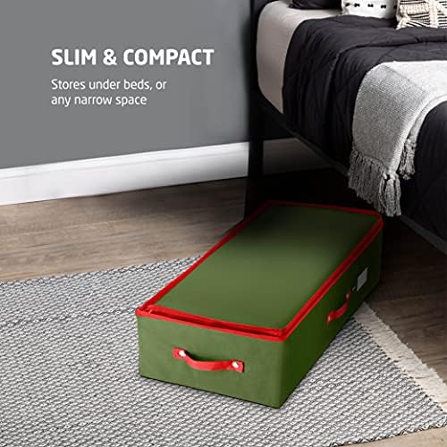 ZOBER Underbed Christmas Ornament Storage Box - Stores 64 3" Ornaments, With Dividers - Tear Proof 600D Oxford Fabric, Ornament Organizer Storage Box, Durable Christmas Containers Holder - Green - Image 3