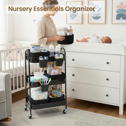 3-Tier Rolling Utility Cart with 4 Woven Baskets, Diaper Book Snack Cart, Storage Organizer for Nursery, Kitchen, Craft Room, Home SPA, Living Room, Metal Frame Trolley on Lockable Wheels, Black - Image 3