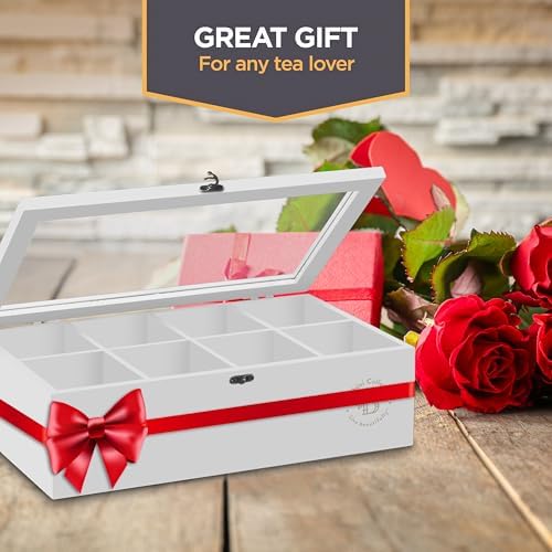 Tea Bag Organizer with Drawer - Bamboo Tea Box Organizer, 8-Compartment Tea Storage Box with Acrylic Lid and Magnetic Closure, Tea Box for Kitchen Counter, Gifts for Mom, Wife, Tea Lovers (White) - Image 4
