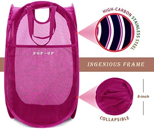 HOUSE AGAIN Strong Mesh Pop Up Laundry Hamper, 70L Collapsible Laundry Basket with Steel Frame, Double‑Stitched Handles & Side Pocket, Foldable Dirty Clothes Hamper for Dorm, Bedroom, Pink - Image 3