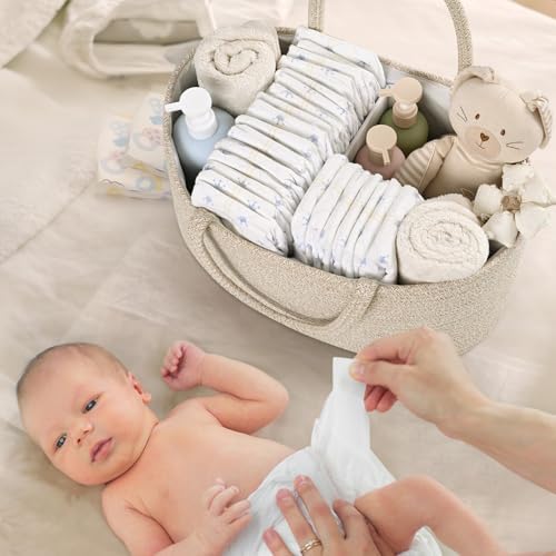 19L Baby Diaper Caddy Organizer, 16.8"x9.8"x9" Cotton Rope Diaper Basket, Changing Table Storage Caddy With Removable Divider, Baby Basket for Nursery, Car, Diapers, Baby Shower Gifts for Newborn - Image 3