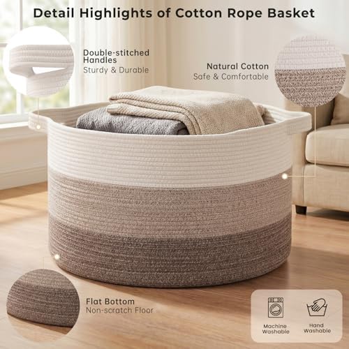 OIAHOMY 90L Extra Large Blanket Basket - Decorative Cotton Rope Storage Basket for Bedroom, Living Room & Nursery - Woven Laundry Hamper for Organizing Blankets, Clothes & Toys - Gradient Brown - Image 4