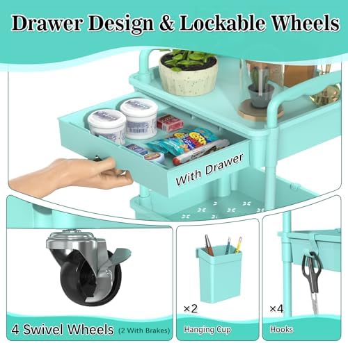 SUNALLY 3 Tier Rolling Cart with Drawer, Craft Storage Cart Organizer, Blue - Image 3