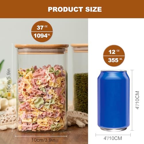 Liuruiyu 6 Pack Glass Food Storage Jars 37 oz,Glass Storage Containers Clear Glass Food Canister with Bamboo Lid Airtight For Serving Tea, Coffee, Flour, Sugar, Candy, Cookie, Spice and More (Square) - Image 6