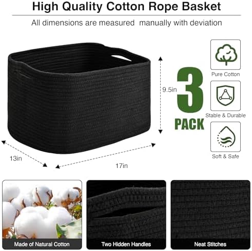 ICERZCZ Large Storage Baskets for Organizing Shelves, Woven Cotton Rope Bins for Baby Nursery Organization, Book Toy Towel Organizer, 17"x13"x9.5", 3 Packs, Black - Image 3