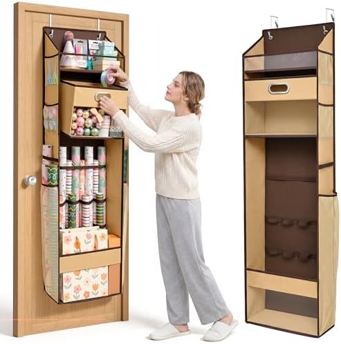 Ordovibe Wrapping Paper Storage Organizer, Over The Door Gift Wrap Holder with Removable Drawer & Side Mesh Pockets – Space Saving Closet Organizer for Christmas, Halloween, Birthday Rolls Supplies Brown by ORDOVIBE