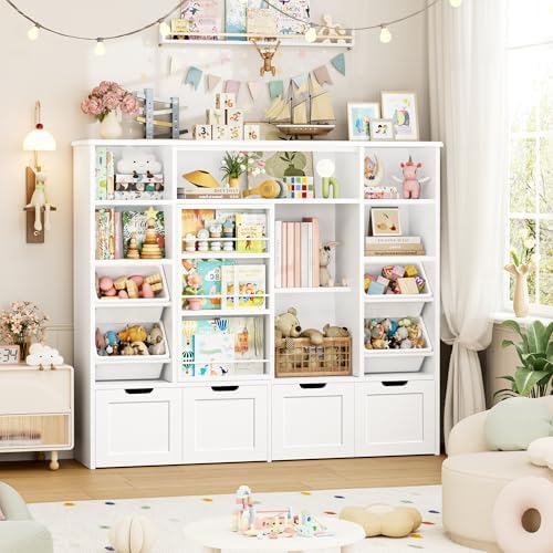 FINETONES Toy Storage with Sliding Bookshelf, Toy Organizer with 4 Bins - Image 4