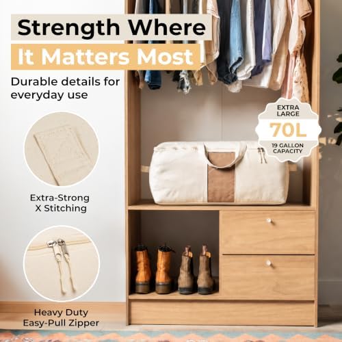 Soft Canvas Storage Bags with Zipper. Thick Breathable, 1pc King/Queen Comforter Organizer. Four Carrying Handles and Window. Large 25x19x9in Bag for Sheets Blankets Bedding Pillows, Clothes - Image 3