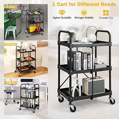 Goplus Folding Utility Cart on Wheels, 250lbs 3-Tier Rolling Tool Cart w/Lockable Casters & Compartments, Fast Fold up Collapsible Metal Service Cart for Office, Garage, Kitchen, Black - Image 6
