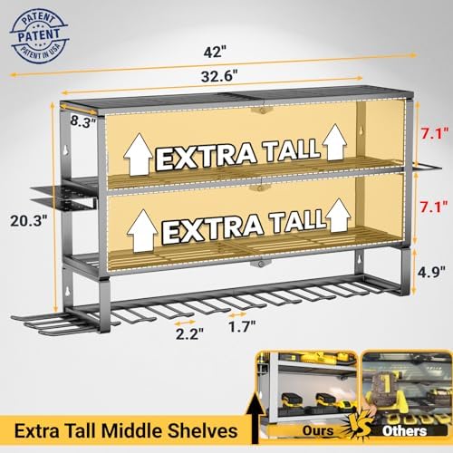 YYR Large Power Tool Organizer Wall Mount, Heavy Duty Metal Cordless Drill Storage Rack with Battery Charging Station Shelf, Utility Racks for Garage Organization, 4 Layer 10 Drills Holder Extra Tall - Image 6