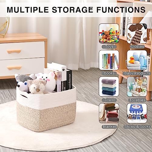 ICERZCZ Storage Baskets for Organizing, Woven Cotton Rope Basket for Storage Books, Baby Organizing Baskets, Toy Storage Basket, 15"x11"x9.5", 3 Packs, Off White & Brown - Image 4