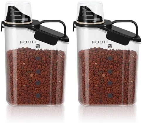 LEAWALK 3-5LBS Airtight Pet Food Storage Containers PBA-free, With Large Nozzle/Measuring Cup/ 4 Press Buckle for Dogs, Cats, Birds, Chicken Lndoor and Outdoor Use -Black 2-pack by LEAWALK