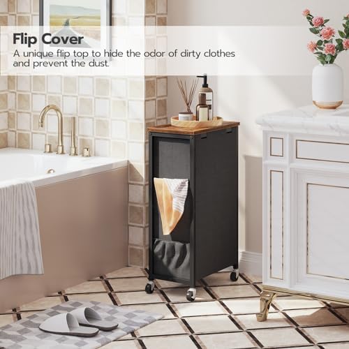 HOOBRO Slim Laundry Hamper with Lid, 11Gal Rolling Laundry Basket with Wheels, Laundry Sorter with Side Pockets and Handle, Oxford Fabric Bag, Space-Saving, Rustic Brown and Black BF24XY01G2 - Image 3
