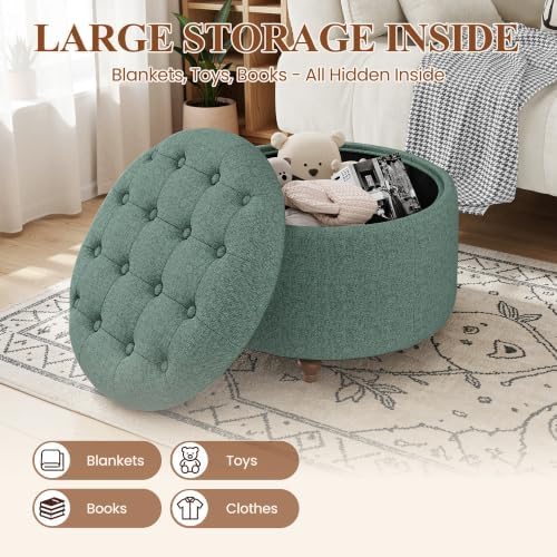 25" Round Ottoman with Storage, Small Coffee Table with Reversible Tray Lid - Image 4