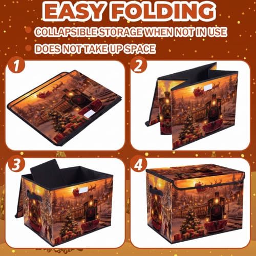 Briwooody Christmas Storage Bin with Lid and Carrying Handle Christmas Train Foldable Storage Box Large Xmas Snowy Night Decorative Collapsible Container Basket for Organizing Closet Home Bedroom - Image 5