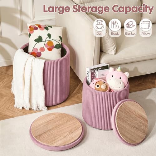 YYW HOME Pink Velvet Round Ottoman with Storage Set of 2 - Image 4