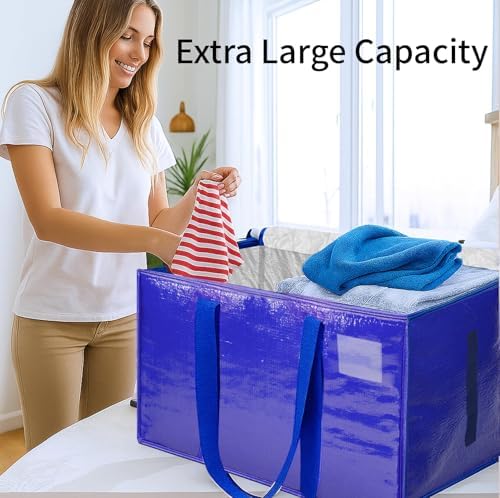4 Pack-Extra Large Heavy Duty Moving Bags - Waterproof Storage Totes with Handles & Zippers, Foldable for College Dorm, Storage (Blue) - Image 4