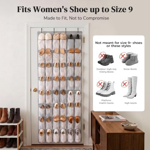 48 Pockets Over the Door Shoe Organizer, Mesh Hanging Shoe Rack for Women, 6-Column Heavy Duty Shoe Storage for Sneakers & Heels, Behind Door Holder for Entryway Bedroom Dorm College, Gray - Image 2