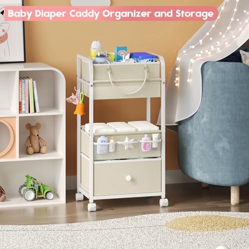 Cidaziya 2In1 Baby Diaper Caddy Organizer and Storage, 3 Tier Rolling Cart with Drawer, Detachable Dividers, Mobile Utility Cart Baby Dresser Clothes Organizer for Baby Essentials, Bedroom, Nursery - Image 3