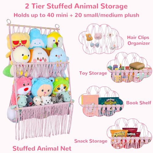 2 Tier Stuffed Animal Storage Net, Large Boho Plushies Stuffy Storage,Pink - Image 6