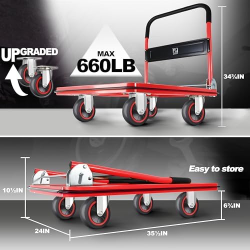 Wellmax Push Cart Dolly, Foldable Moving Platform Flat Cart, 660 lb, Red - Image 2