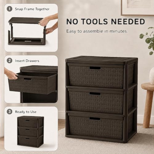 Wide 3-Drawer Plastic Storage Tower, Decorative Organizer Chest, Brown - Image 5