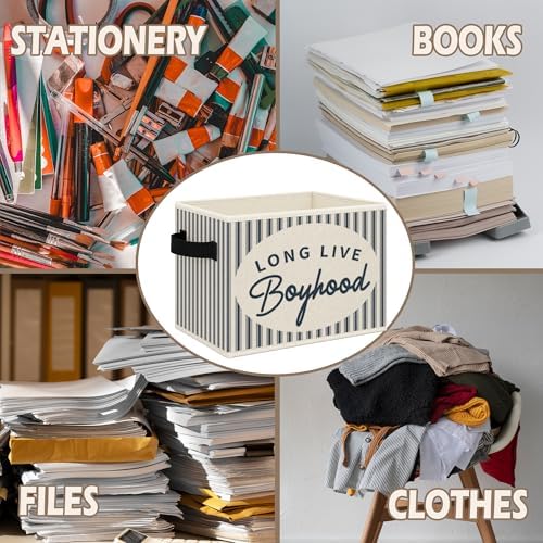 Boys Room Foldable Storage Bins Box with Handles, Long Live Boyhood Retro Blue Striped Collapsible Toys Books Clothes Organizer Basket for Kids Boys Nursery Room Playroom Bedroom Bathroom - Image 6