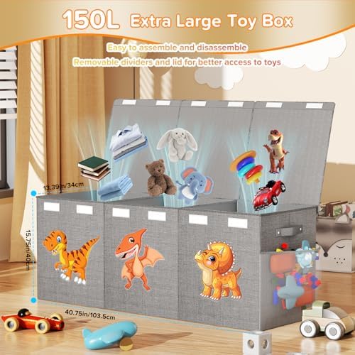 Extra Large Toy Box Chest, Collapsible Sturdy Toy Storage Organizer Boxes Bins Baskets Dinosaur Kids Toy Chest Bin with Lids for Boys Girls Living Room Playroom Bedroom Nursery 41"x14"x16" Gray - Image 2