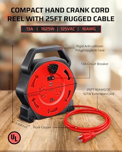 DEWENWILS 25FT Extension Cord Reel, Hand Wind Retractable Cord Reel - Image 3