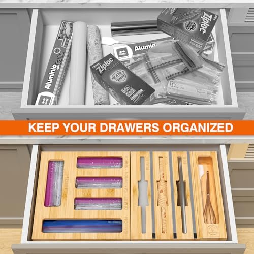 DALSHABET 9-in-1 Bamboo Kitchen Drawer Organizer for Storage Bags and Wrap - Image 2