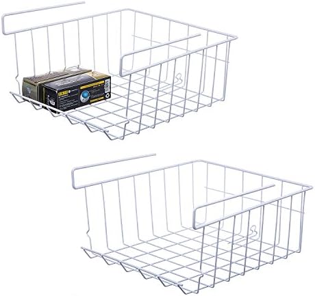 Lonians 2-Pack Under Shelf Hanging Storage Baskets - Metal Wire Rack Organizer for Kitchen, Pantry, Cabinet, Bathroom, Desk - Space Saving Shelf Extender (White, Large) by Lonian