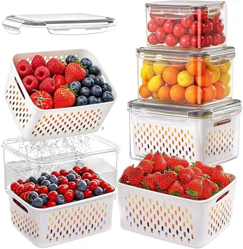 3 Pack Fruit Storage Containers for Fridge with Removable Colander – Airtight Produce Storage Containers with Lids, BPA-Free Berry Keeper for Vegetables, Lettuce & Meal Prep (29oz+59oz+112oz) by Unknown