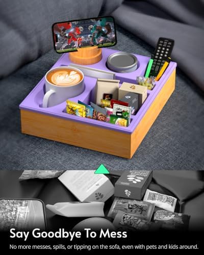 Couch Cup Holder Tray - Couch Organizer Caddy, Silicone Beach Caddy with Cup Holder, Sofa and Bed Drink Holder and Couch Tray Table for Snacks Beverage Remote (Purple) - Image 5